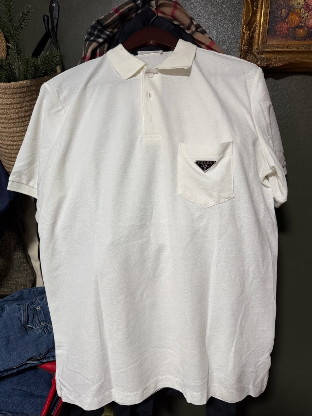 Prada White Men’s Polo with Chest Pocket and Logo Plaque